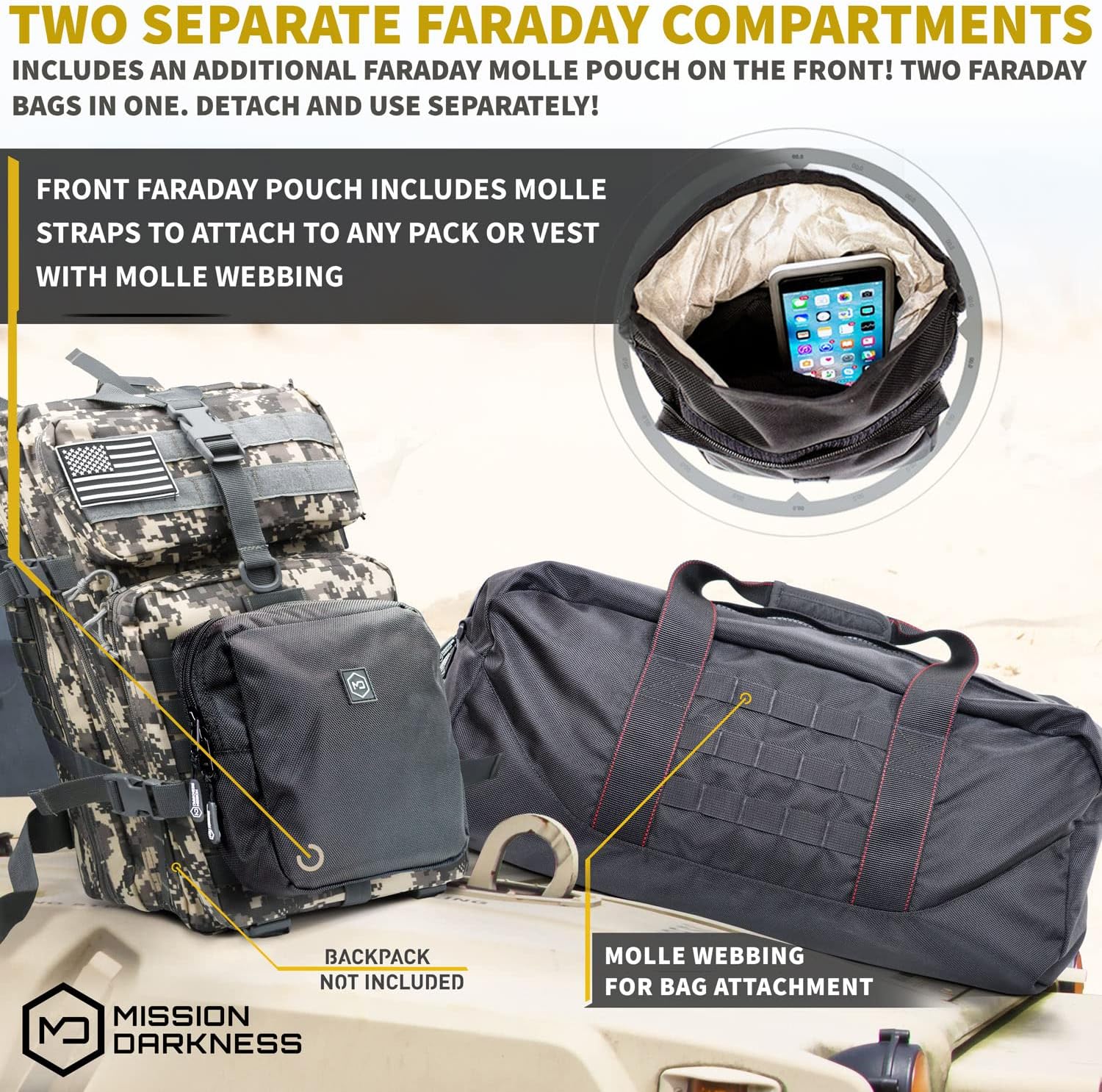 Mission Darkness X2 Faraday Duffel Bag + Detachable MOLLE Faraday Pouch (Gen 2) // Military-Grade RF Shielding for Large Electronics & Mobile Devices // Digital Forensics Signal Isolation Data Privacy X2 Faraday Duffel Bag + 1 Removable Pocket